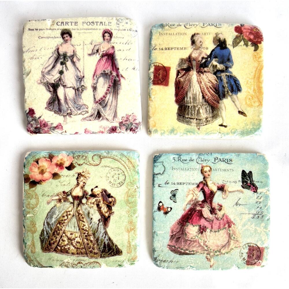 Rare French Romanticism Postal Ceramic Stone Coasters set of 4